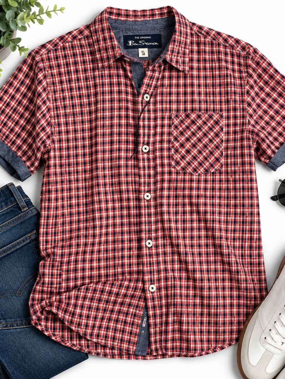 Ben Sherman Boys XL 18 Red Navy Plaid Short Sleeve Button Up Shirt